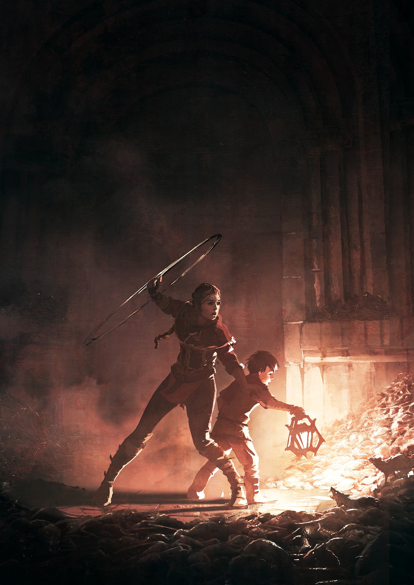 Concept art showing a young woman, Amicia, with a young boy, Hugo, surrounded by darkness and a hungry swarm of rats.