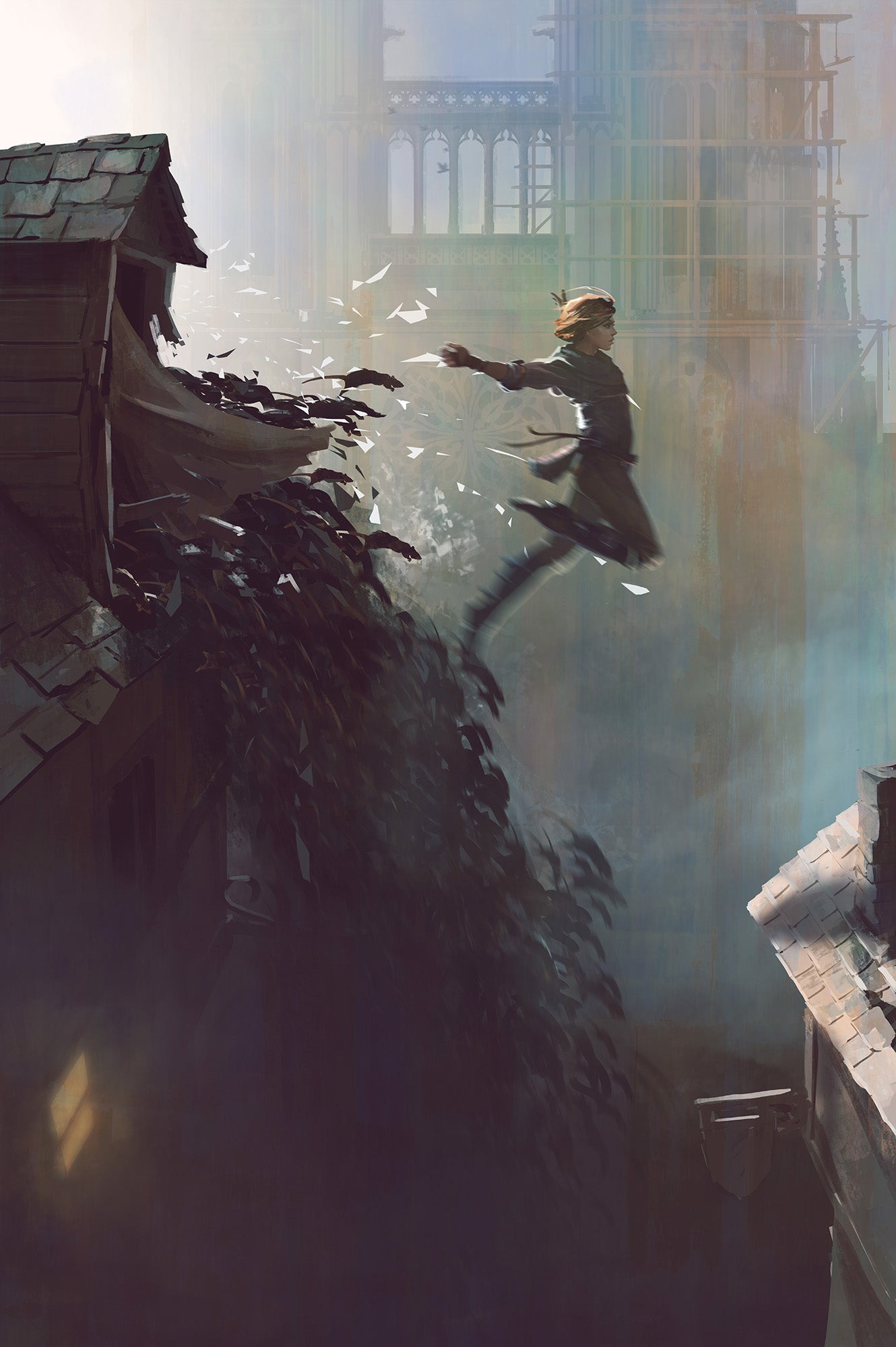 A young woman jumps from a rooftop, chased by a torrent of rats cascading out of a top-floor window.
