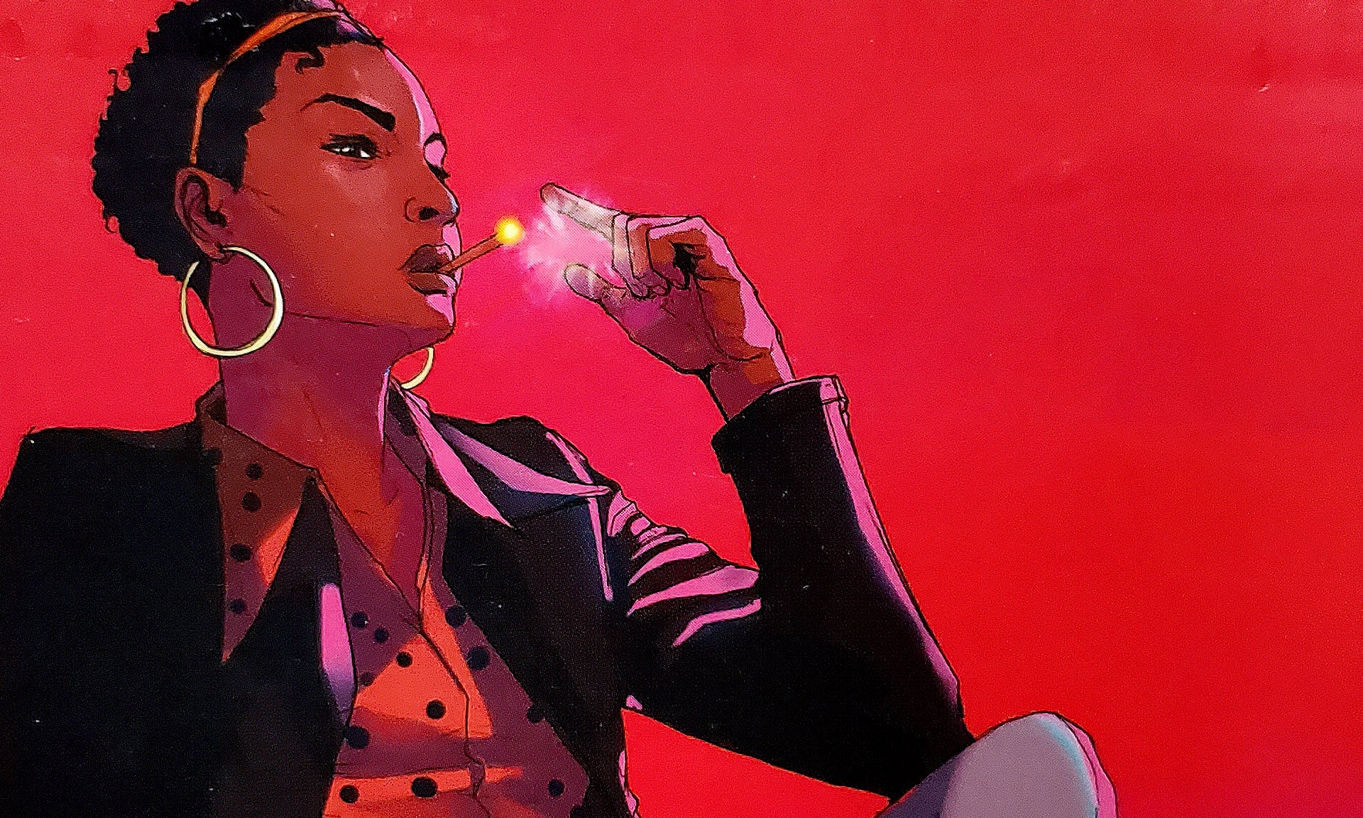 Cropped image of a black woman wearing a headband and large hoop earrings smoking a cigarette against a red background