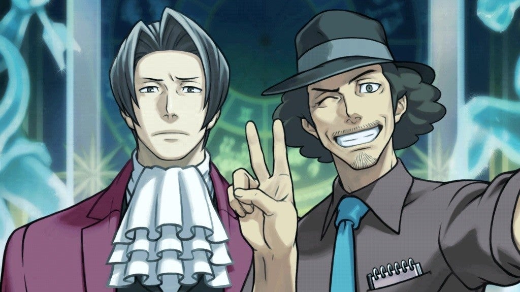 Two anime men face the camera for a selfie. One is smiling, the other has a serious, concerned face.