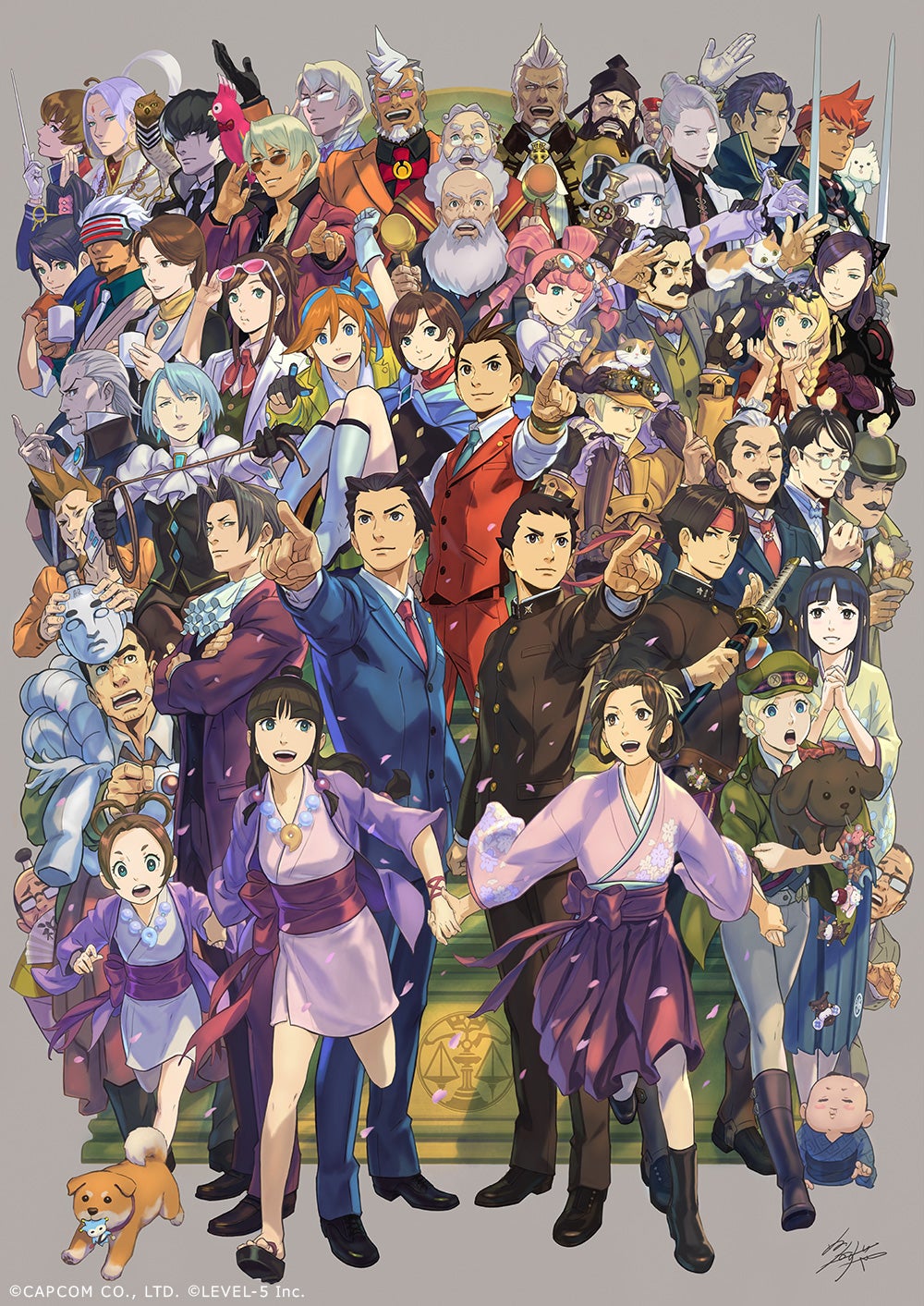 A group shot of most of the Ace Attorney characters over the years, all standing together, looking out and slightly up at the camera.  And pointing.  Obviously pointing.