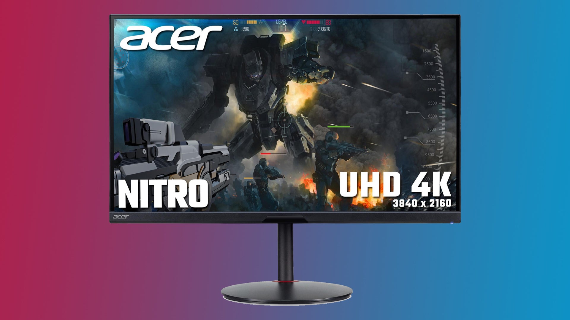 Image of an Acer Nitro XV282KV monitor on a red to blue gradient background