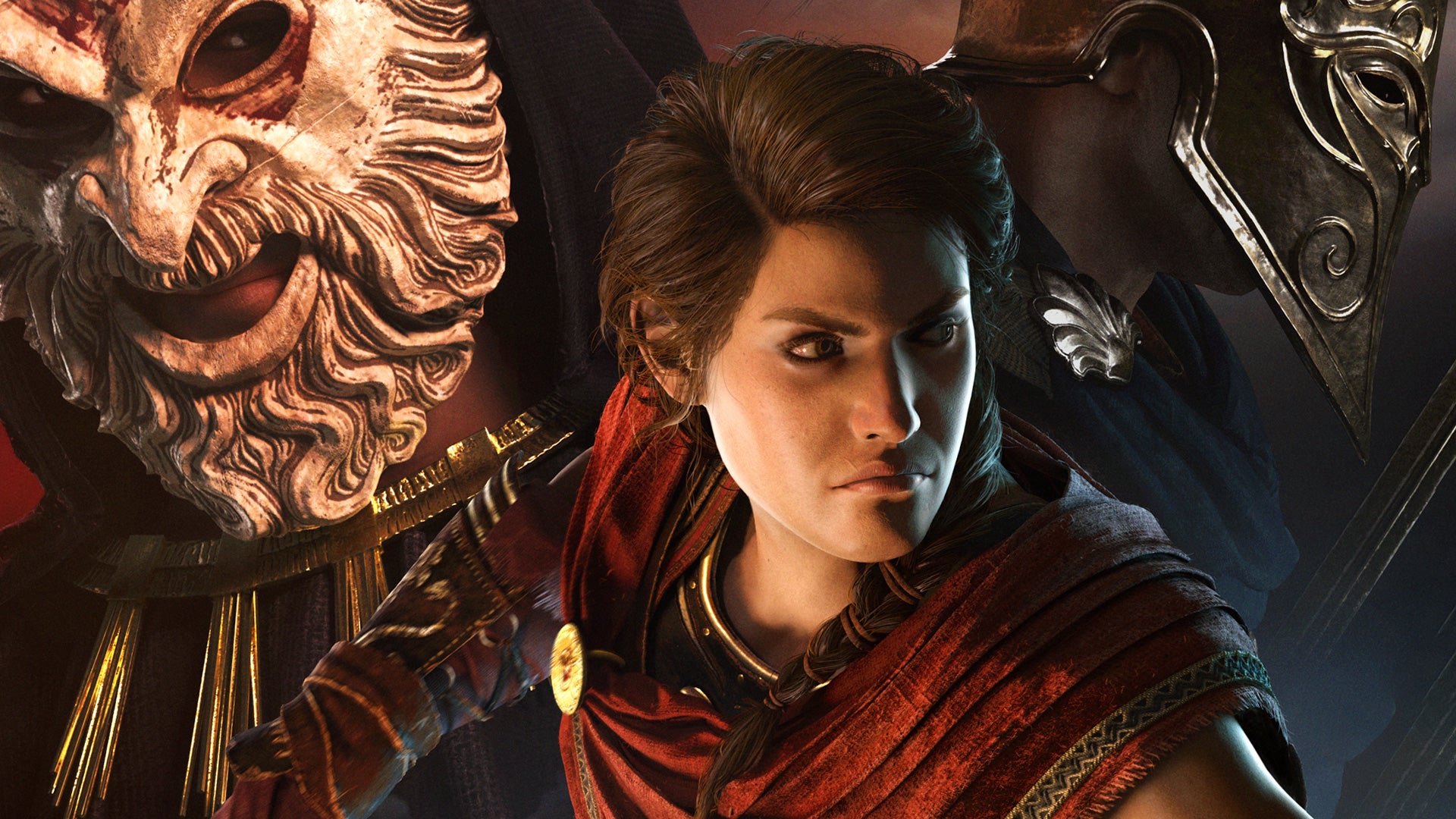 ac odssey key art, showing protagonist kassandra in front of a masked face and a helmeted head