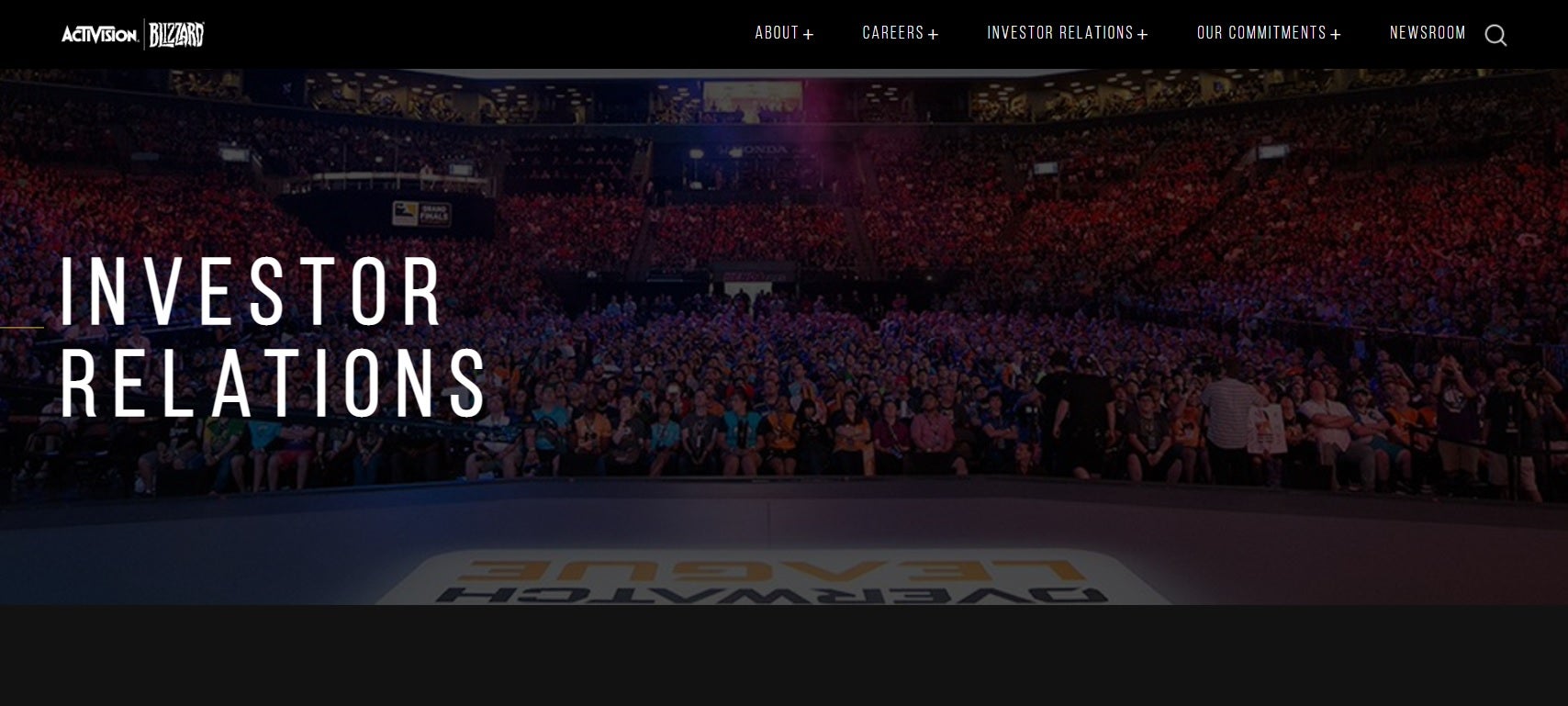 Activision Blizzard's IR site, with the words "INVESTOR RELATIONS" in front of a picture of an Overwatch League crowd. There's no other information on the screen.