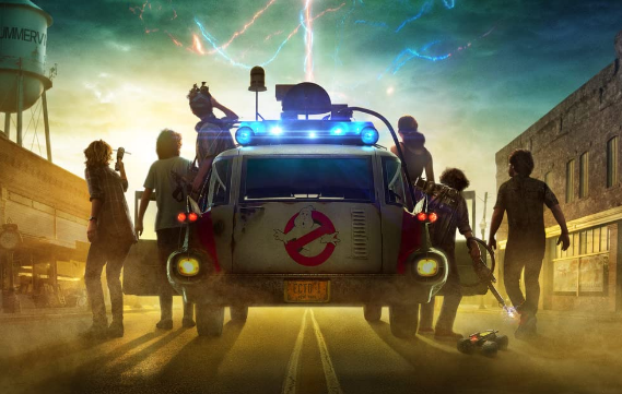 Cropped image of Ghostbusters poster, shadowed figures leaving the Ghostbusters car