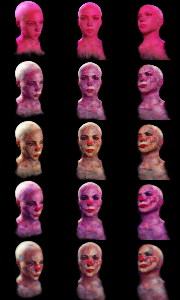 Images of a 3D model of a woman's head altered by an AI using the prompt &quot;evil clown&quot;