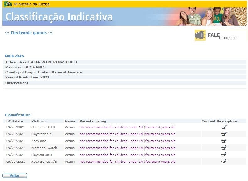 Alan Wake Remastered listed for Switch by Brazilian ratings board - 70