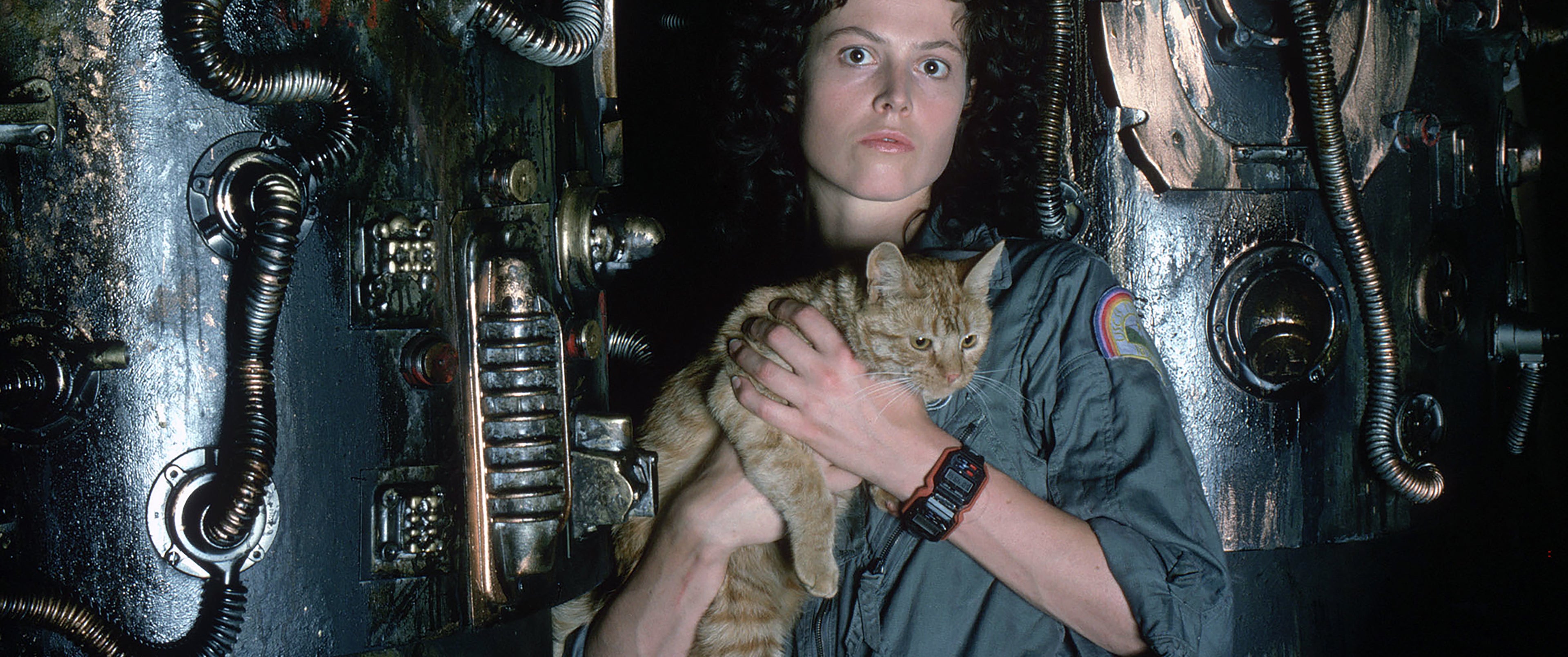 Still from Alien. Sigourney Weaver as Ellen Ripley holding Jonsey the cat