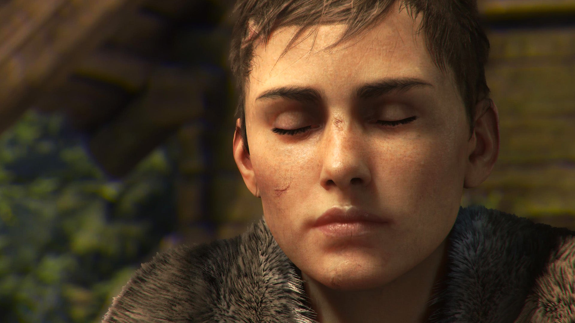 A portrait of A Plague Tale heroine Amicia, at the end of Requiem, eyes closed, serene, contemplating, as golden afternoon sunshine warms one side of her face.