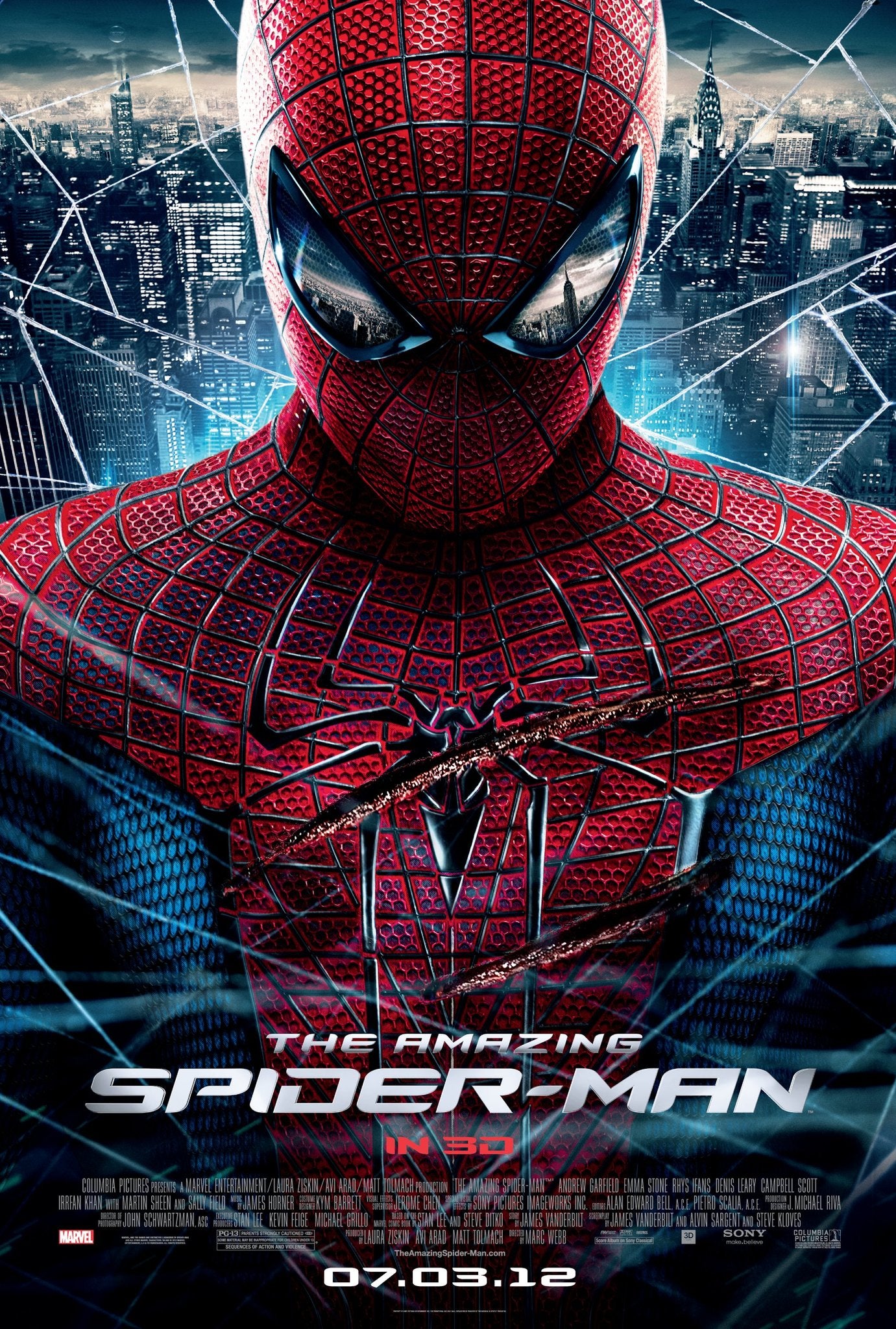 Poster for The Amazing Spider-Man, showing Spider-man in red and blue suit, looking downwards