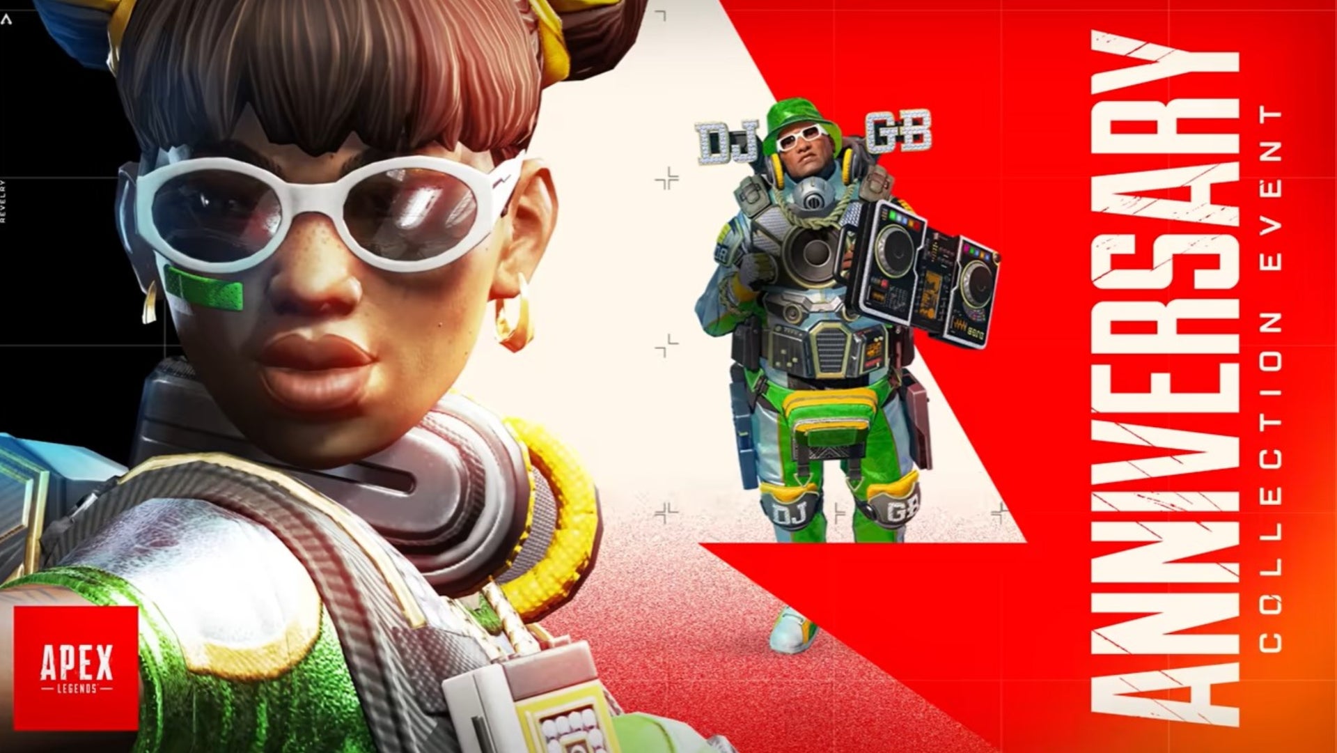 Apex Legends, official Anniversary Collection event title art from Respawn depicting Lifeline on the left and Gibraltar in the background.