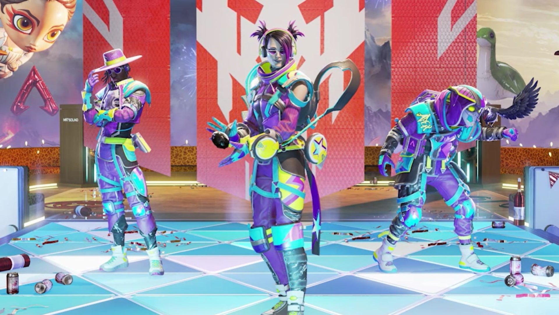 Apex Legends, official Respawn art of Seer, Catalyst, and Bloodhound in their Anniversary Collection Event skins for 2023.