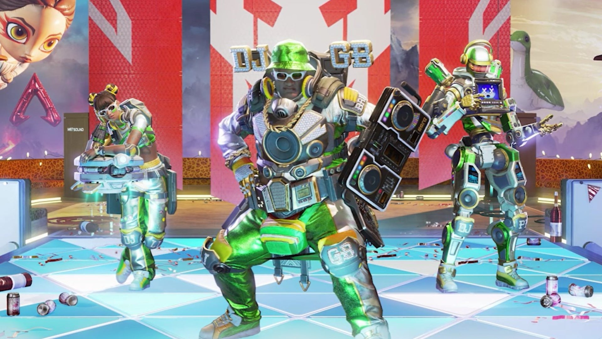 Apex Legends, official Respawn image of Lifeline, Gibraltar and Pathfinder in special skins for the anniversary event.