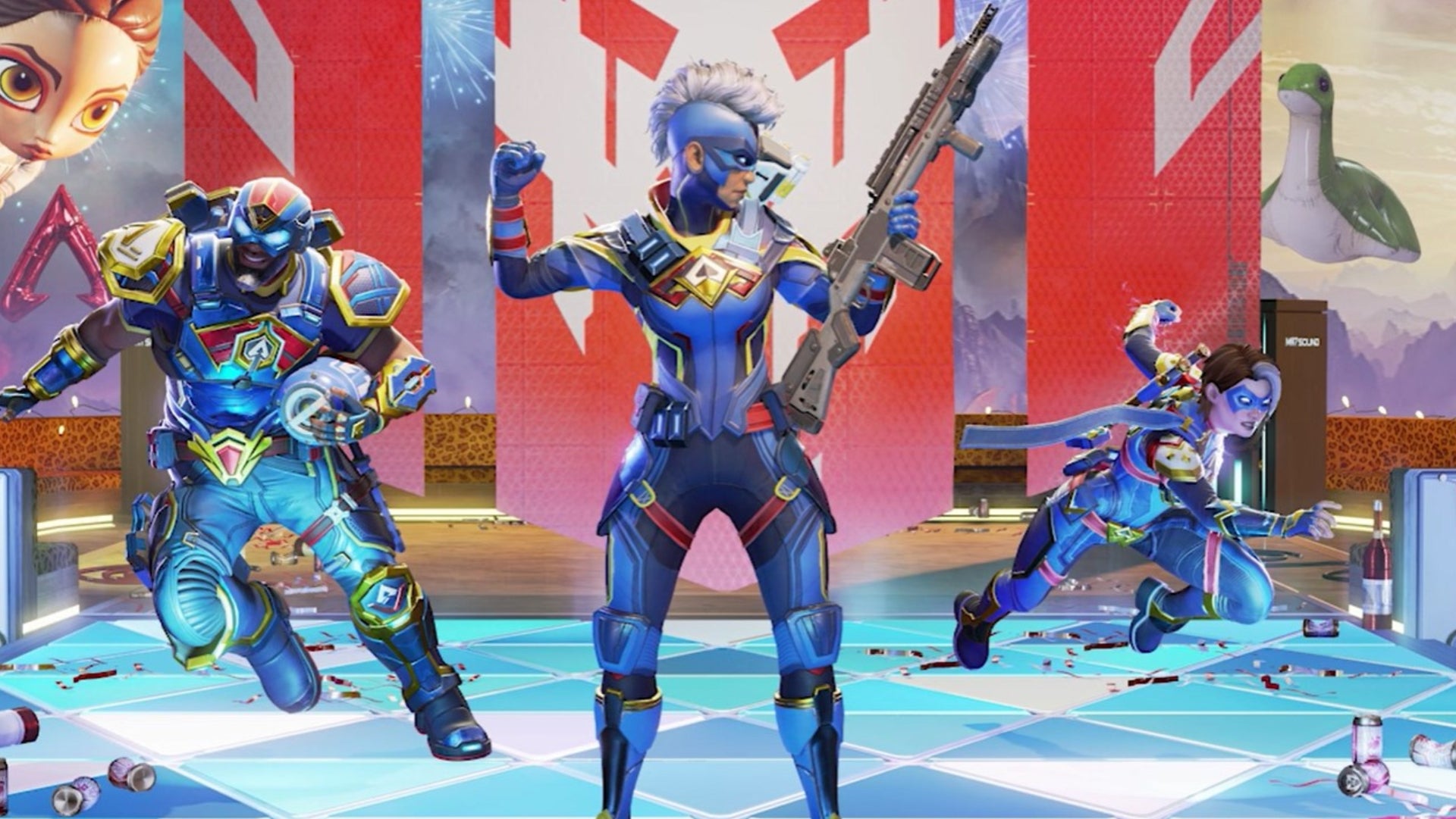 Apex Legends, official Respawn art of Newcastle, Bangalore and Wraith in their cosmic skins for Apex's fourth anniversary.
