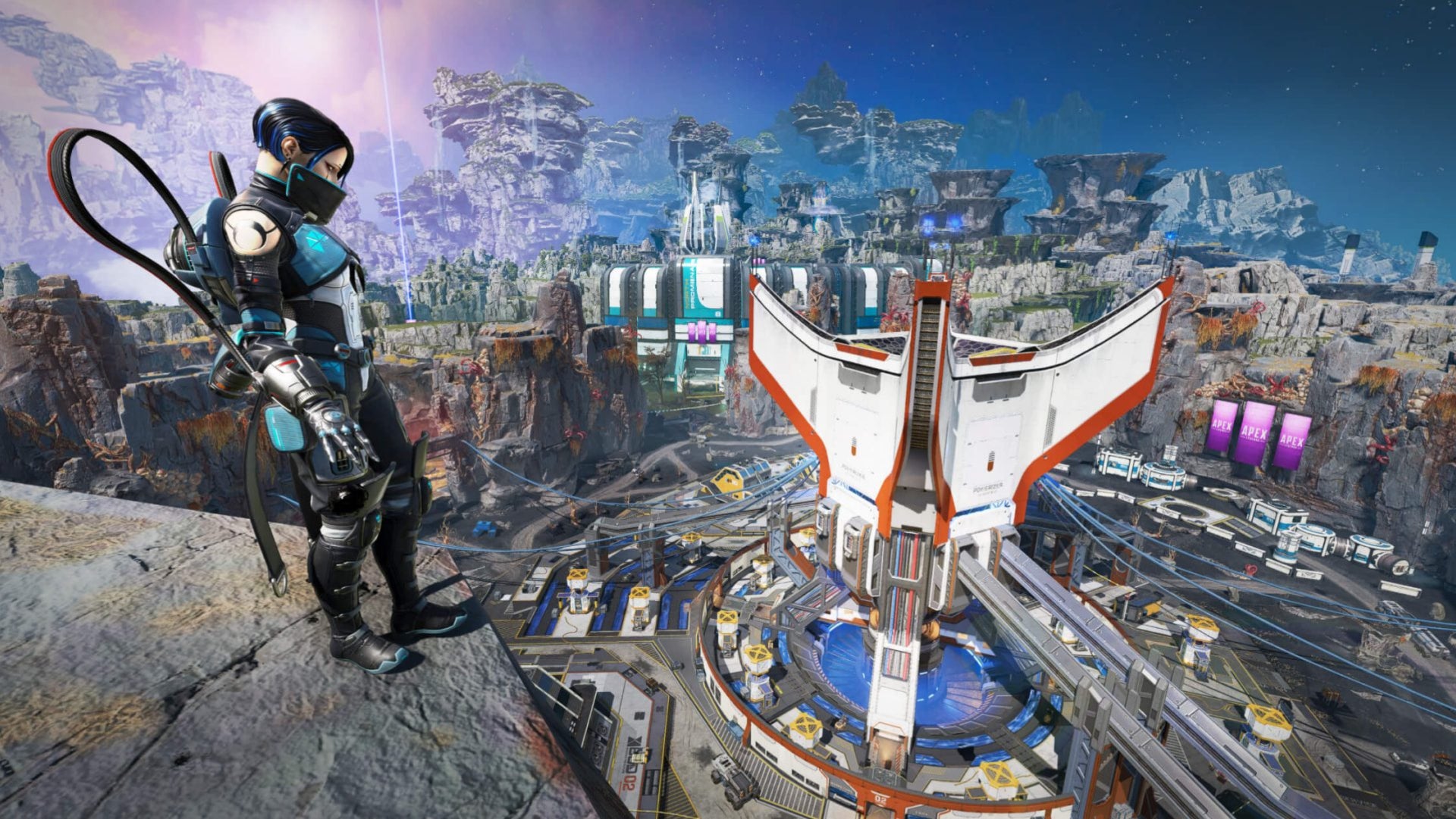 Apex Legends, official Respawn screenshot of Catalyst overlooking the map.