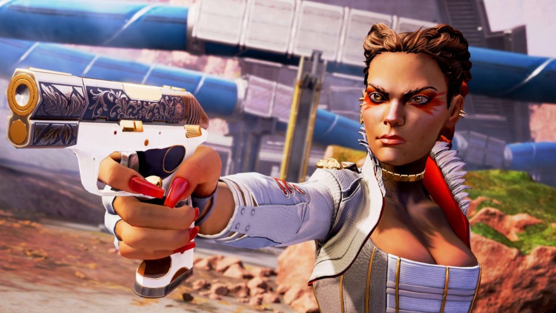 Apex Legends, official Respawn image of Loba holding up a gun.