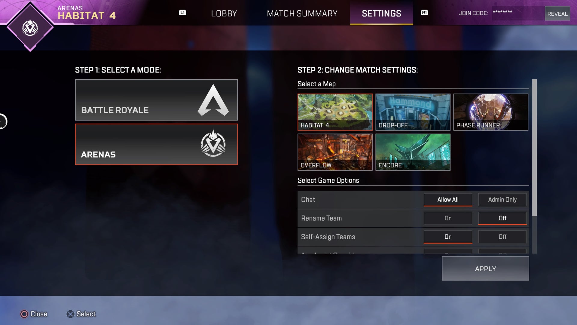 apex legends private match settings screen