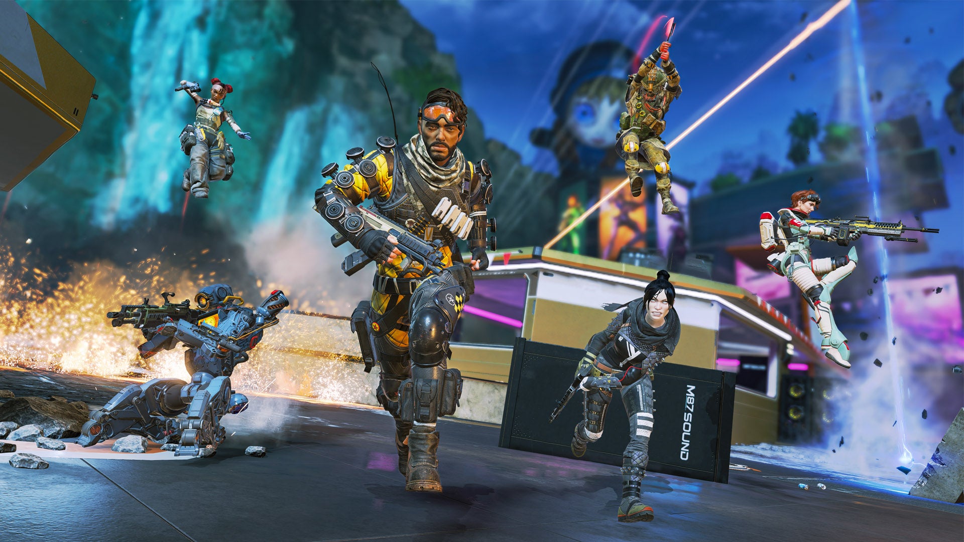 Apex Legends, Season 16 Revelry official Respawn artwork of TDM mode with Mirage, Pathfinder, Bloodhound, Wraith, Horizon, and Lifeline.