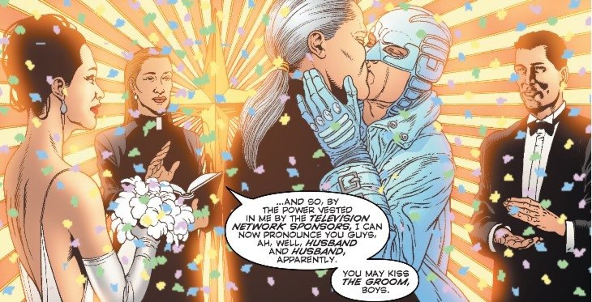 Panel of Midnighter and Apollo kissing at their wedding