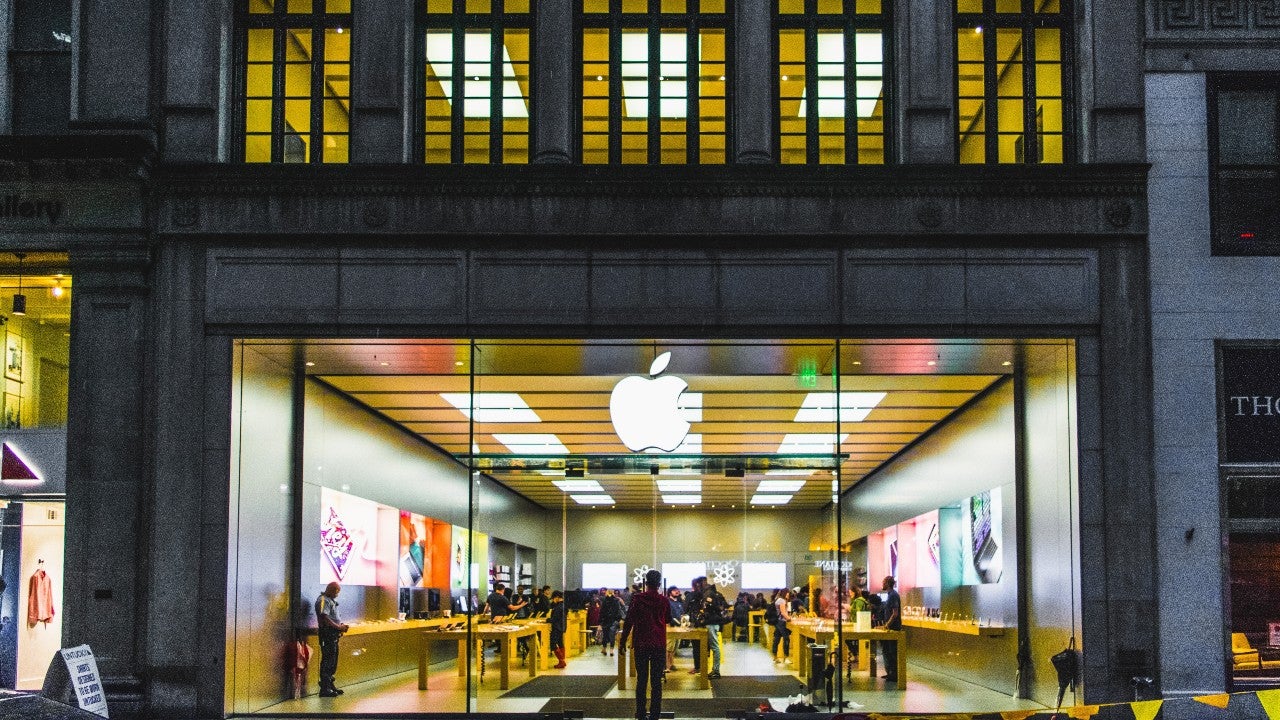 An Apple Store exterior at night