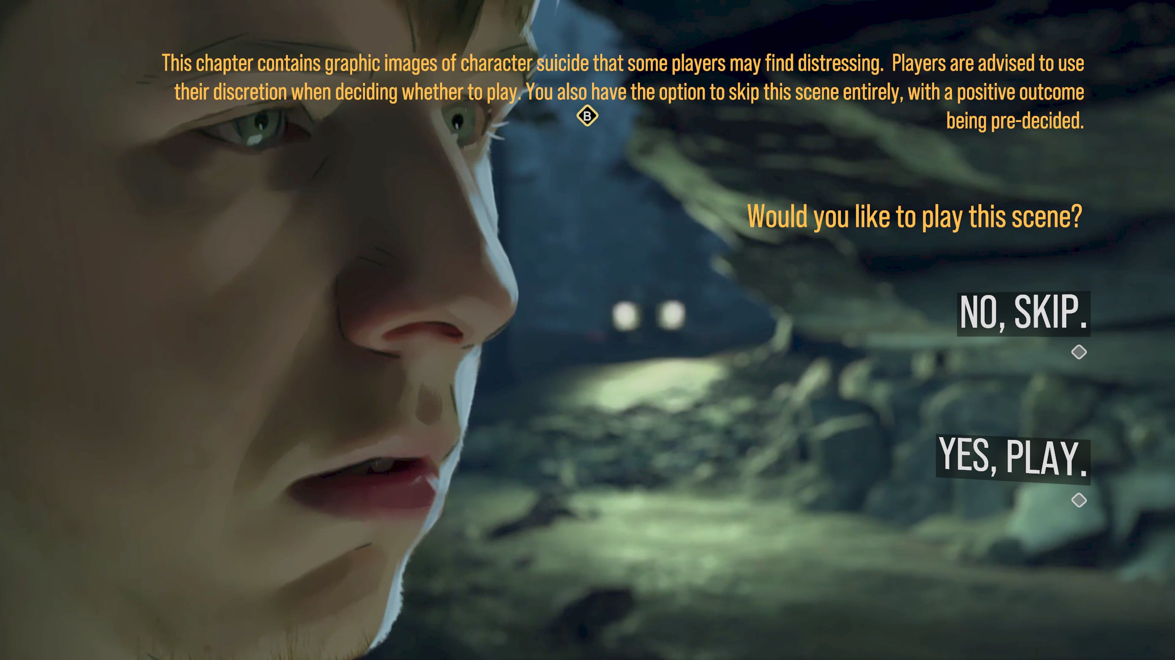 Pre-chapter warning screen about suicide-related skippable content in As Dusk Falls.