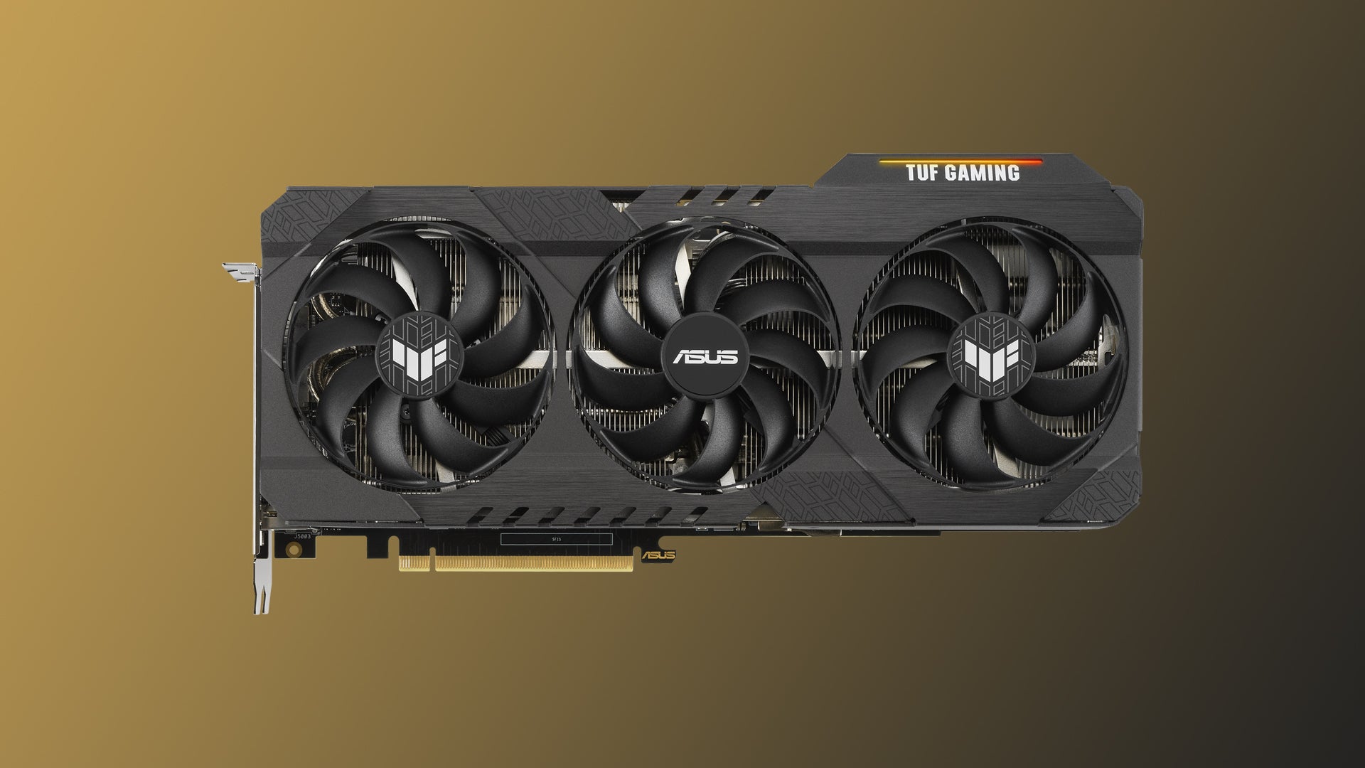 Image of an Asus TUF Gaming RTX 3080 GPU on a gold to black gradient background