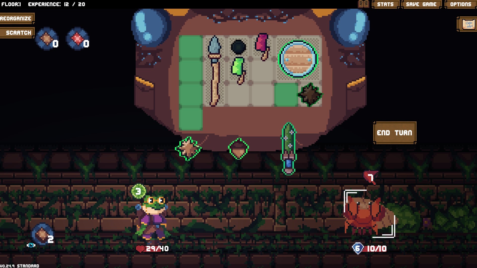 A small frog character stands under a huge open backpack that fills half the screen, organized into tiles and there are a variety of weapons and items that fill those tiles.