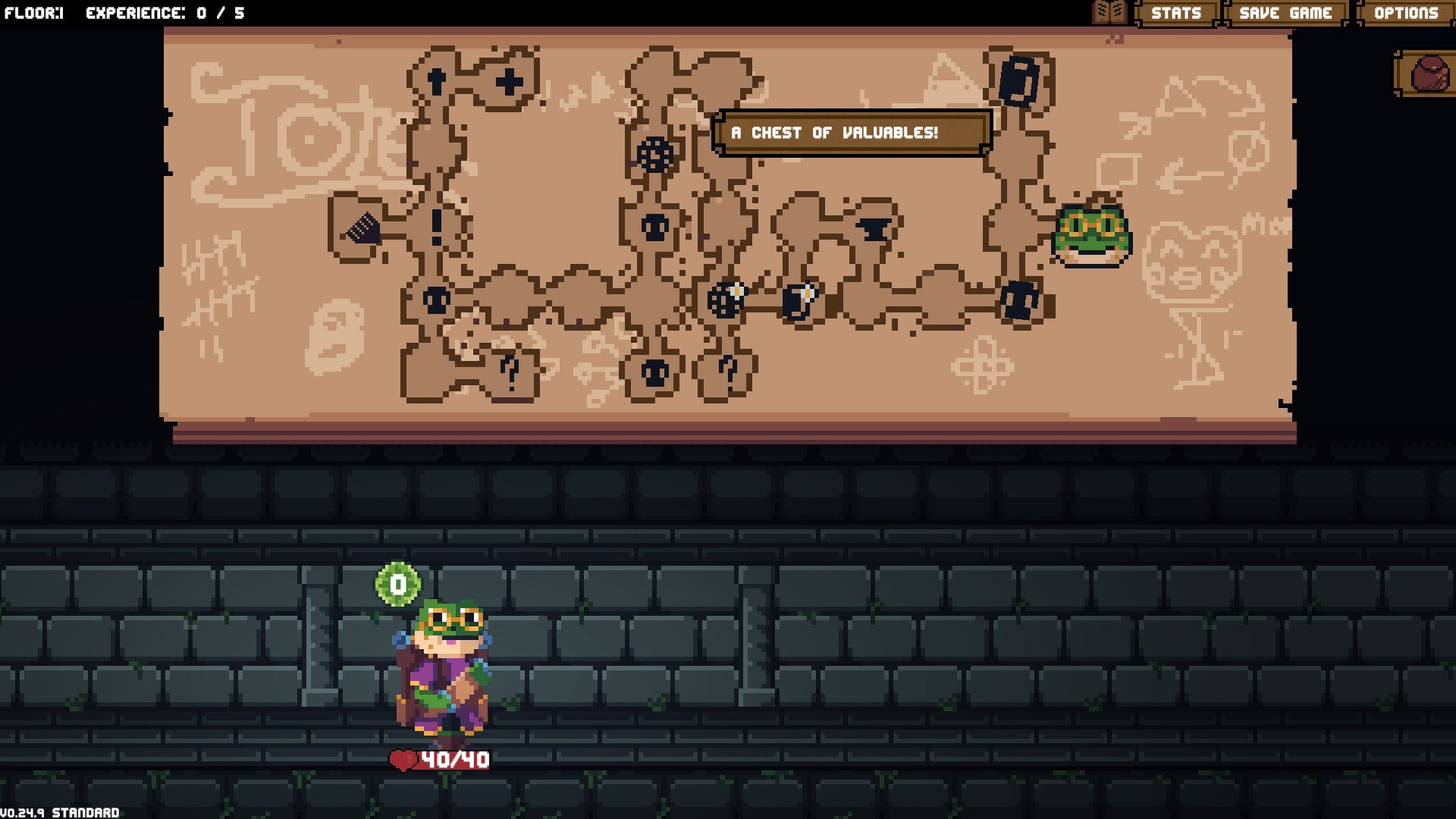 A small frog character stands underneath a large map showing the route through the dungeon and some of the merchants and forges you can encounter along the way.