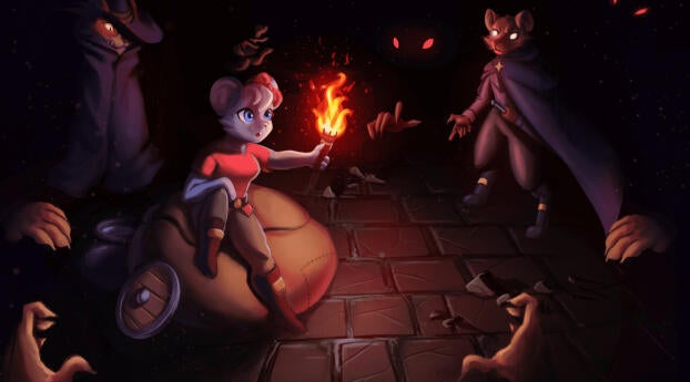 A mouse lady sits on a large backpack, holding a flaming torch. In the darkness around her are enemies coming for her loot.