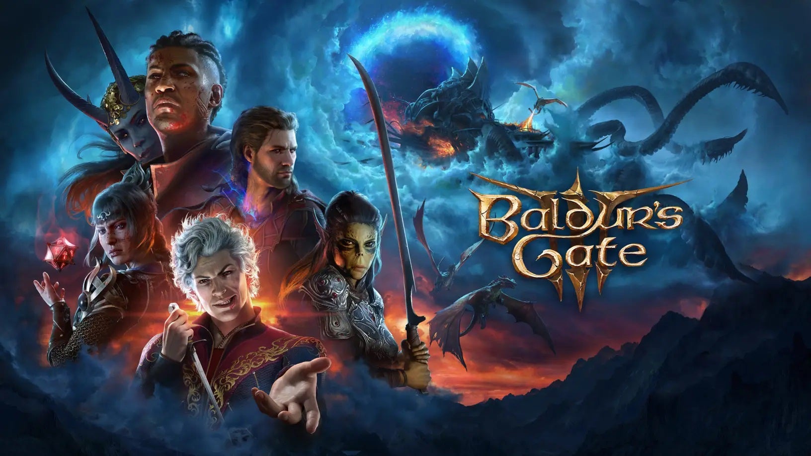 The cast of Baldur's Gate 3 in front of a gigantic squid-armed emerging from a hole in the sky with a dragon breathing fire on it