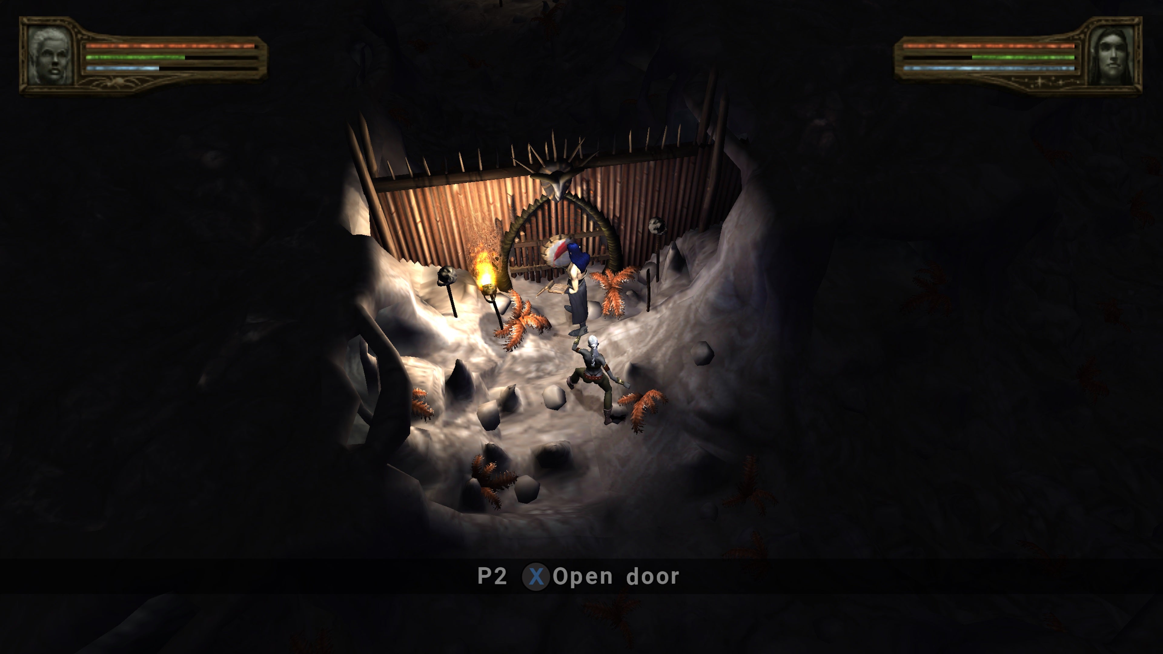 Two player-characters in Dark Alliance 2 try to get into a locked door in a cave.