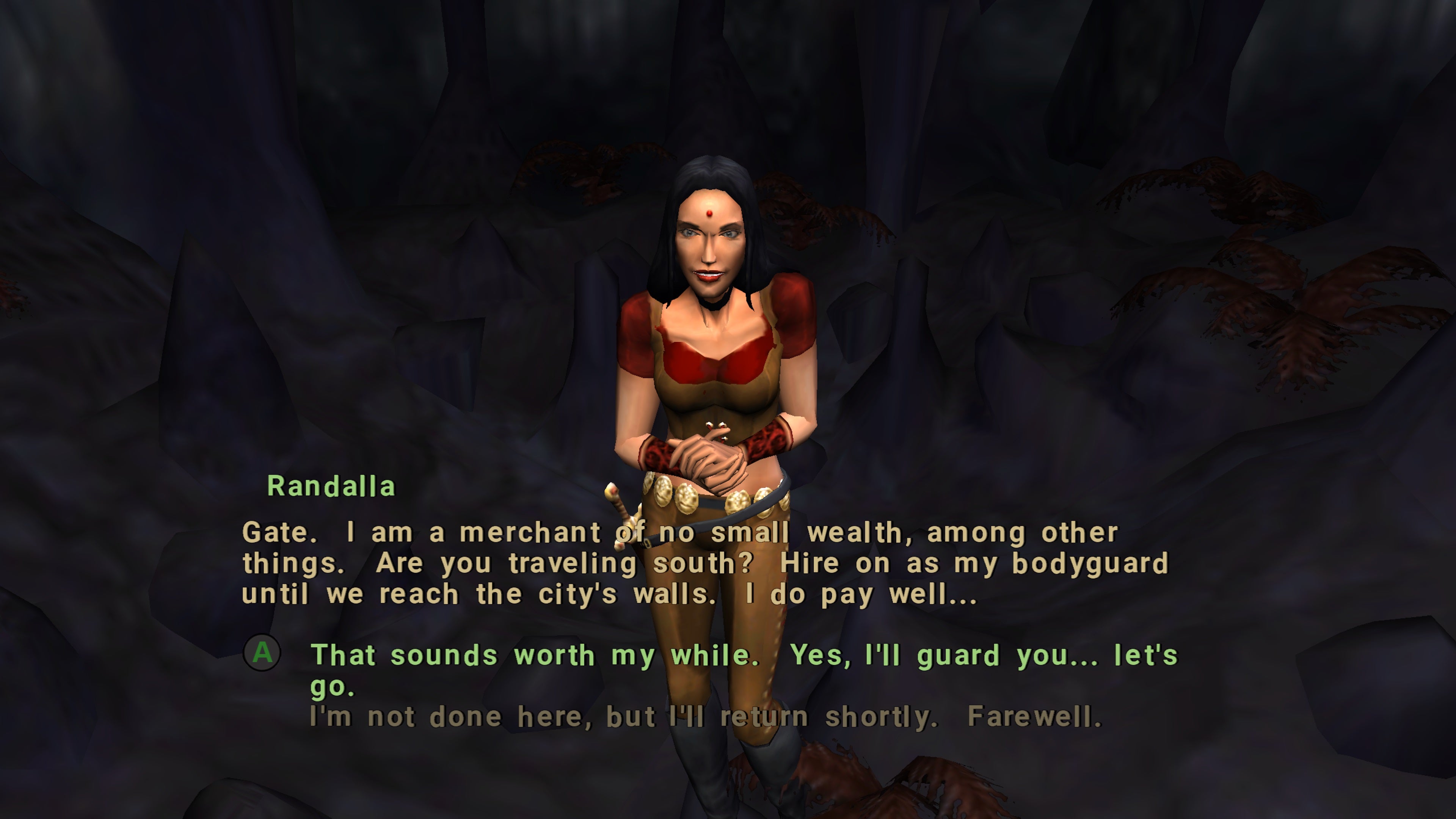 A merchant lady in a red top asks for our help escorting her out of a cave.