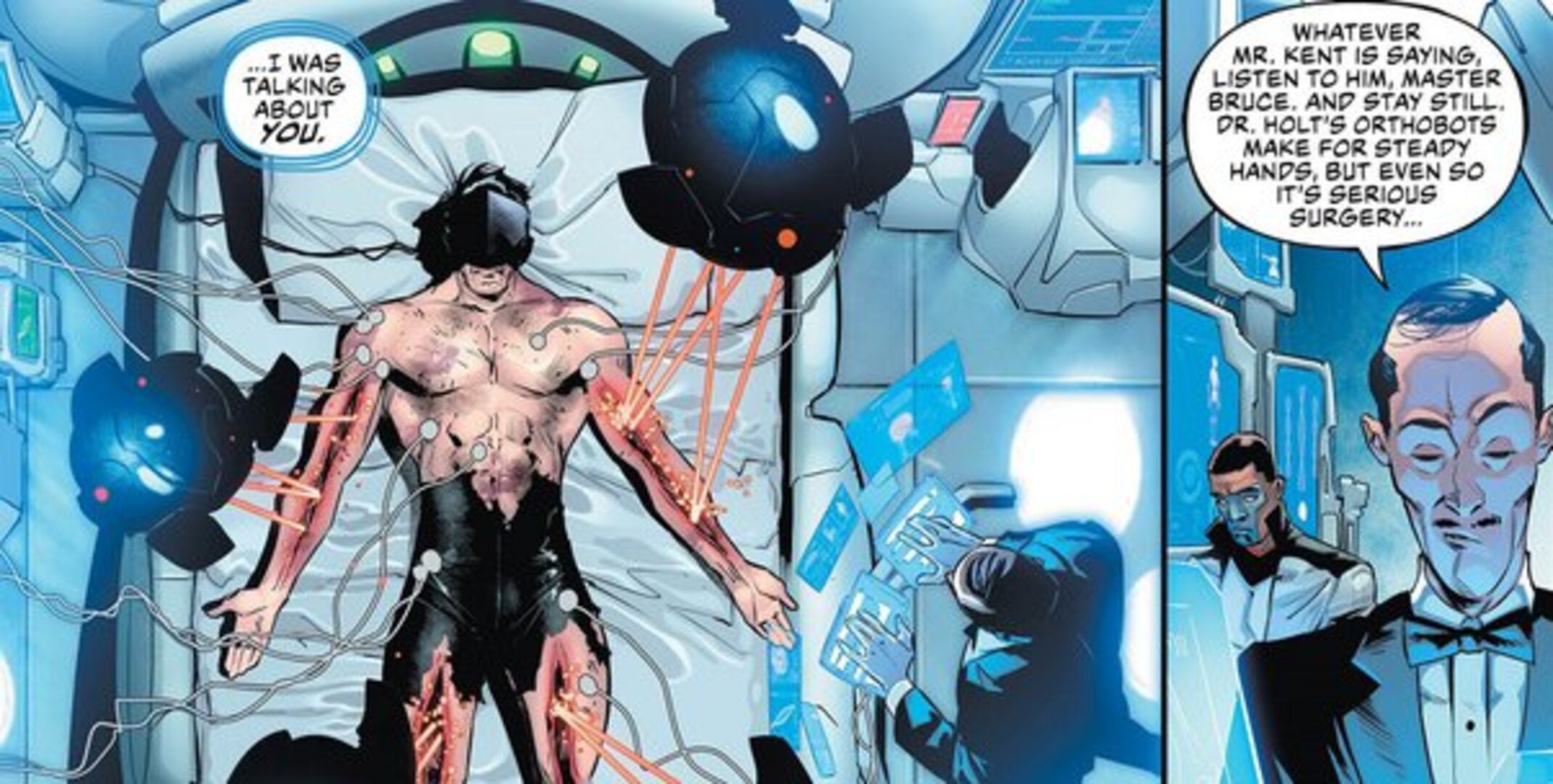 Interior comics panels featuring Batman healing with the help of technology