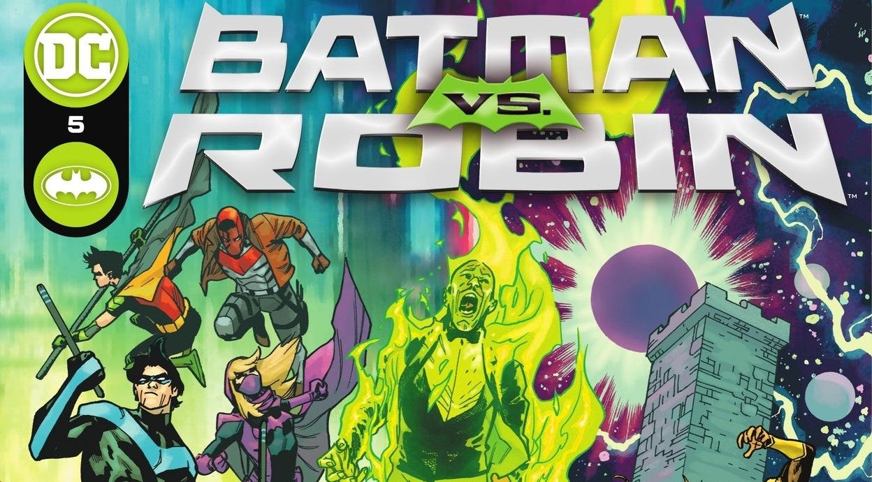 Cropped illustrated cover of Batman vs Robin 5 featuring heroes of DC like Nightwing and Red Hood