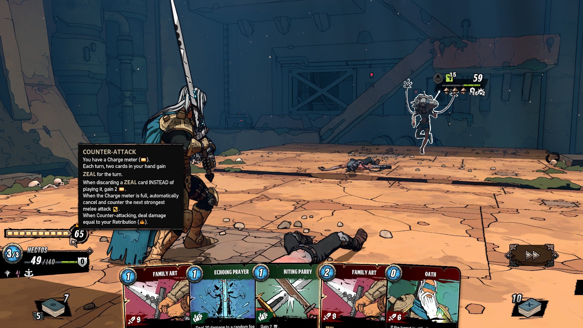 An armoured, two-handed sword-wielding character faces off against a floating enemy in a narrow, but long, space.