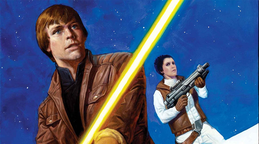Painted artwork of Luke holding a lightsaber and Princess Leia in the background holding a blaster gun