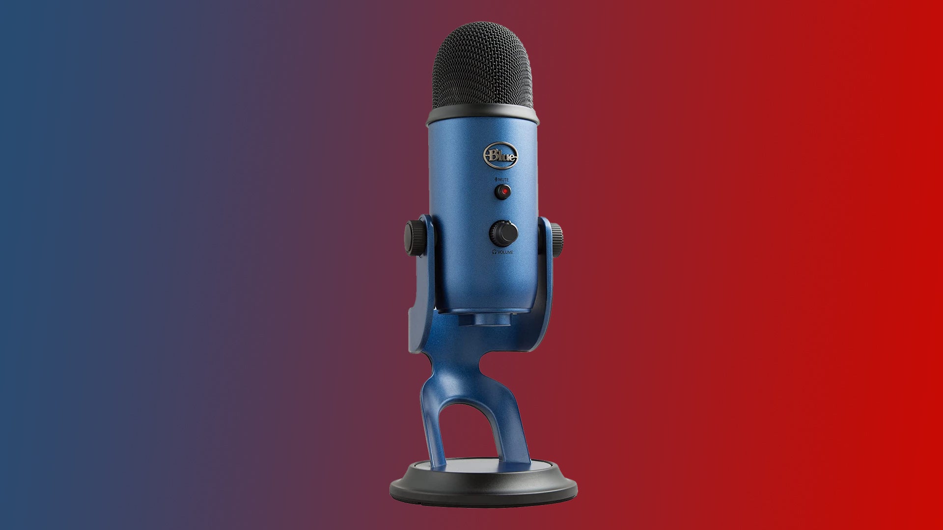 Image of a Blue Yeti microphone on a blue to red gradient background
