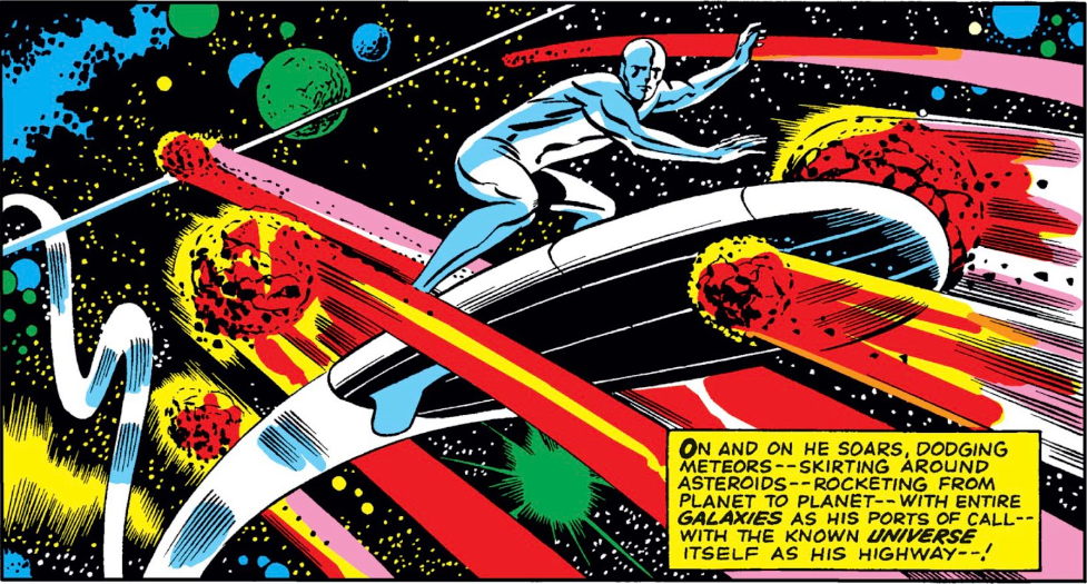Silver Surfer rides his board through a meteor storm. Art by Jack Kirby, from Fantastic Four #48.