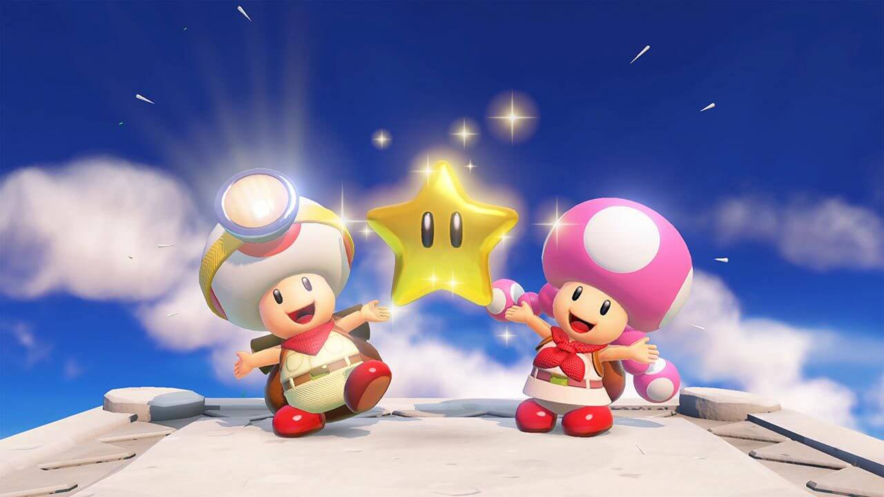 Captain Toad screen with Toad and Toadette holding a star