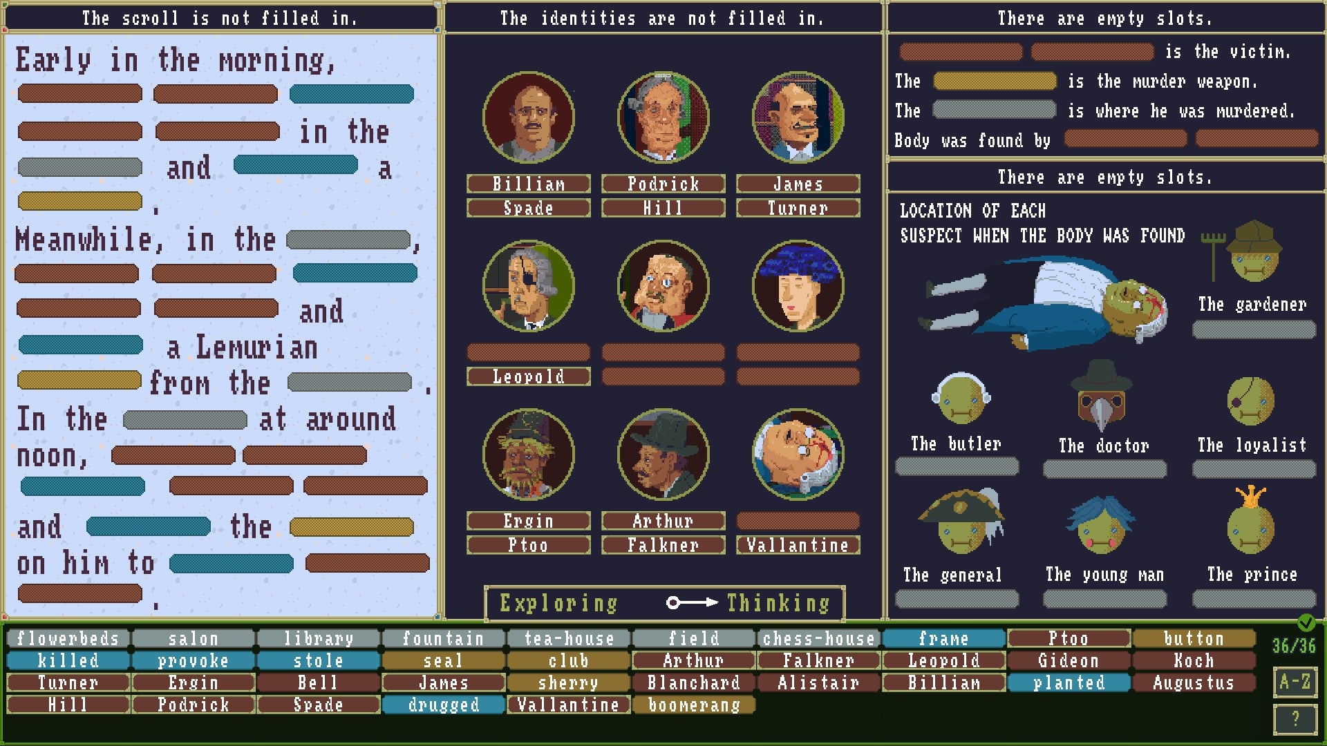 Case of the Golden Idol review - a busy screen of text on the left to be filled in, identities in the middle, and evidence on the right, with a range of words to choose from along the bottom