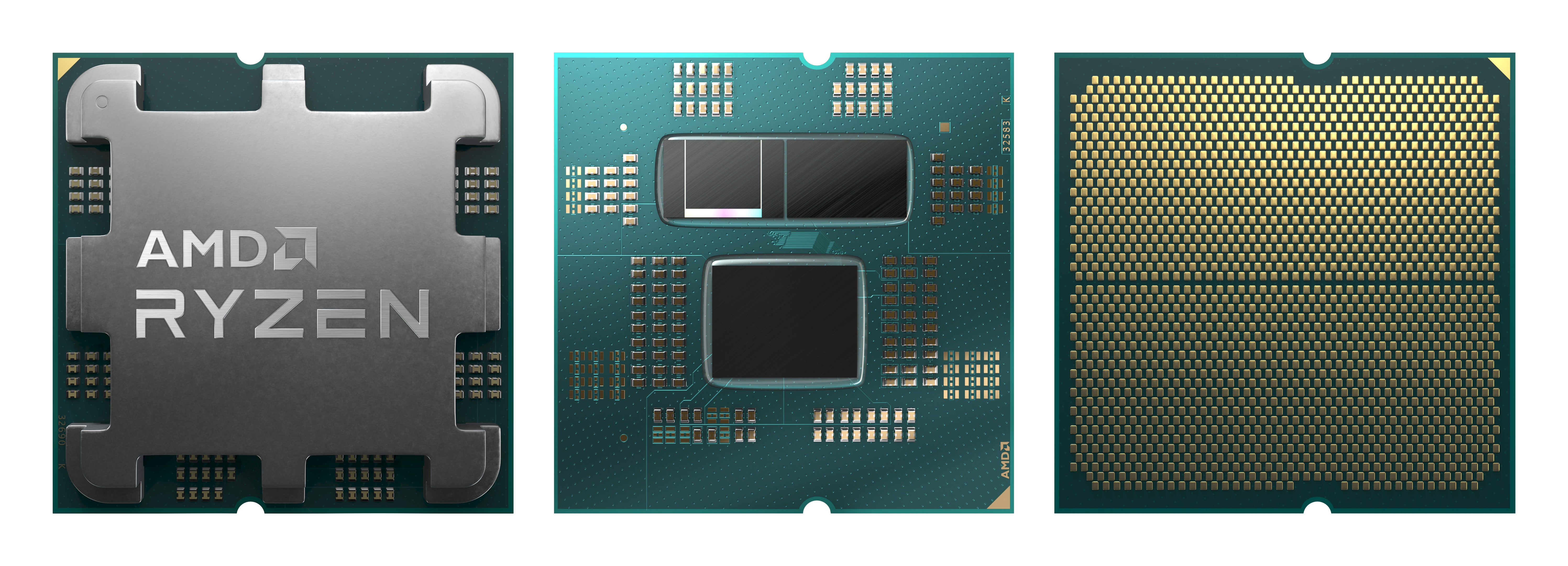 Rendus du processeur Ryzen 9 7950x : couvercle (à gauche), couvercle montrant le cache 3D sur un chiplet (au milieu), broches du bas (à droite)