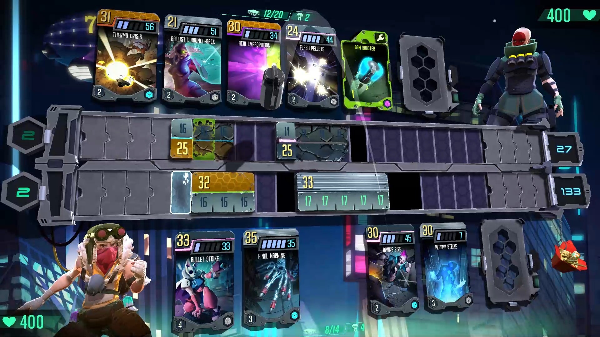 A card-battler in action. Cards line up across the top and bottom of the screen, with a track in the middle where they're played and do battle.