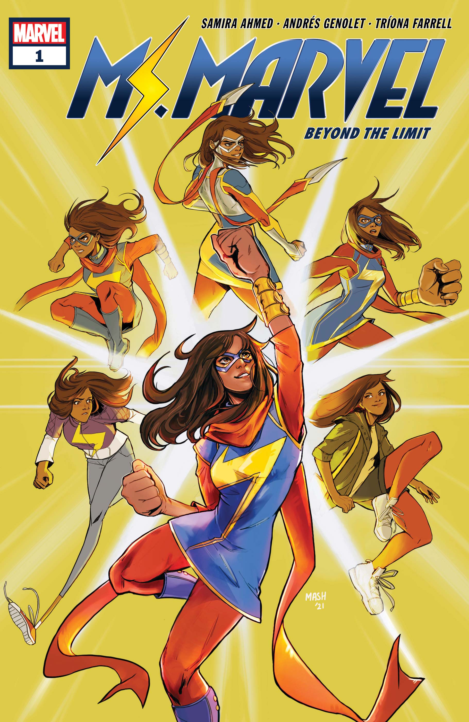 Ms. Marvel Beyond the Limit cover showcasing six versions of Ms. Marvel in fighting poses