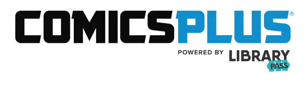 Black and Blue logo that reads comicsplus powered by library