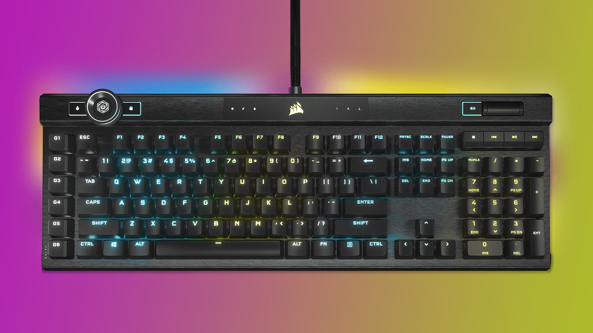 Image of a Corsair K100 keyboard on a purple to yellow gradient background.