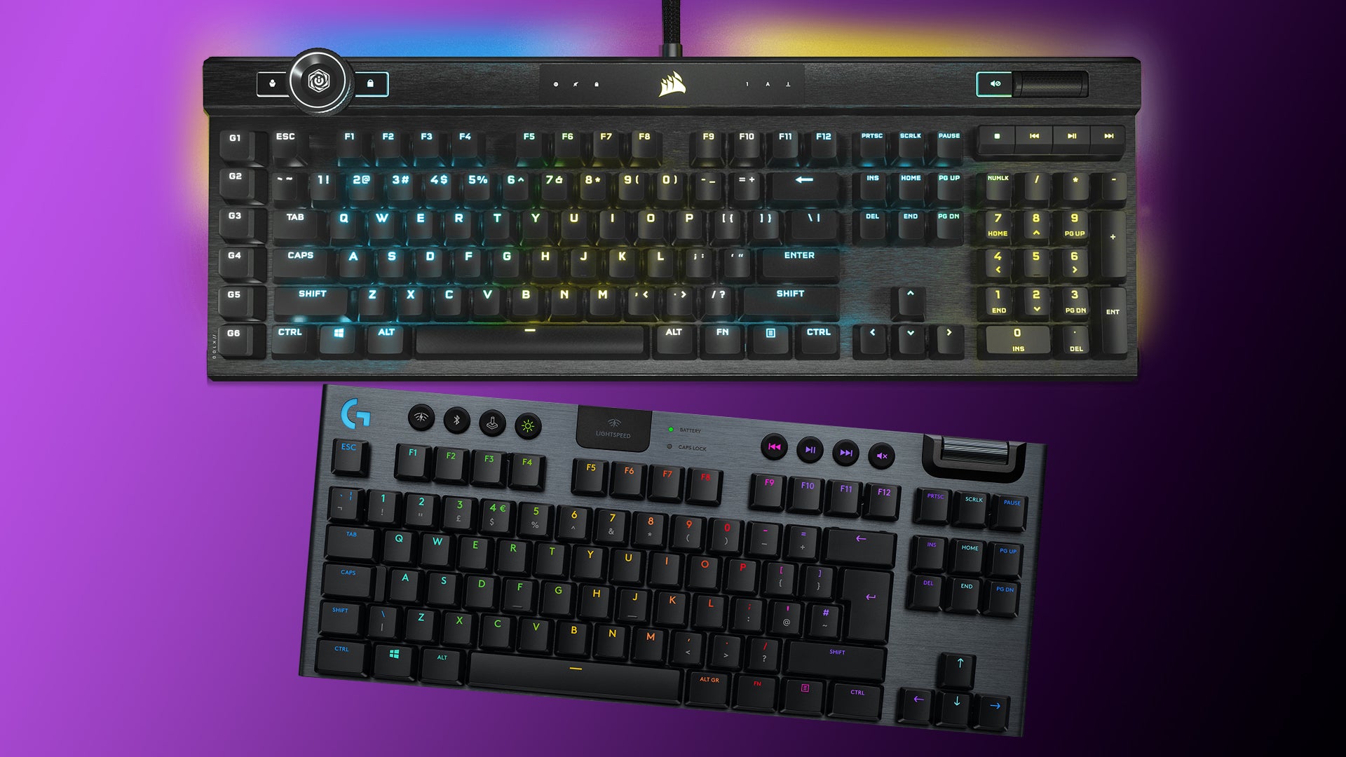 Image of a Corsair K100 and Logitech G915 TKL on a purple to black gradient background