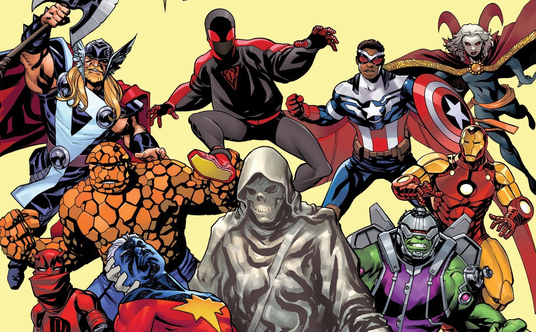 Cover of Genis Vell issue 5 featuring a cast of characters including Captain America, Daredevil, and The Thing