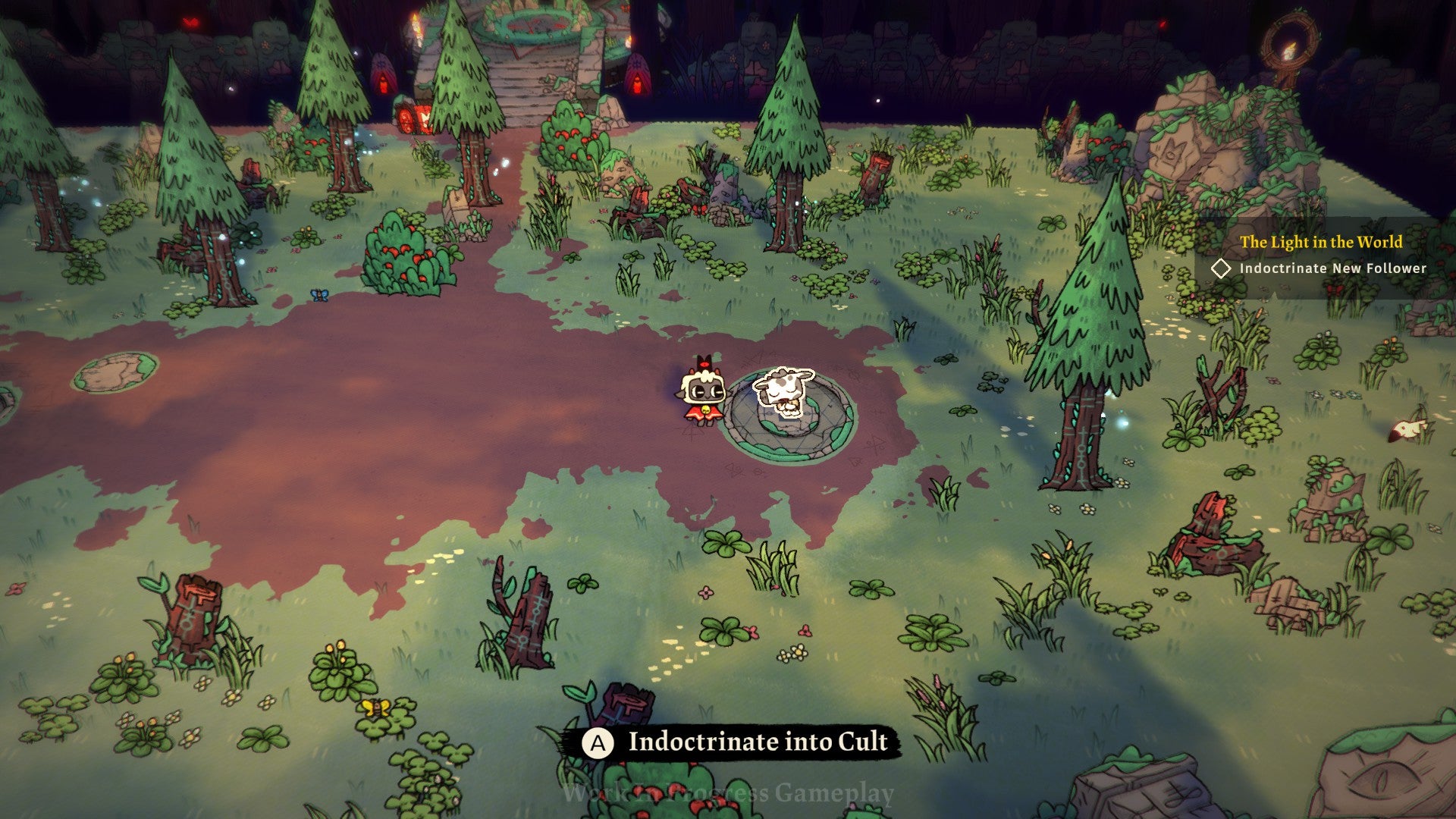 An idyllic woodland area that will become your base in Cult of the Lamb. Two cute animals talk to each other.