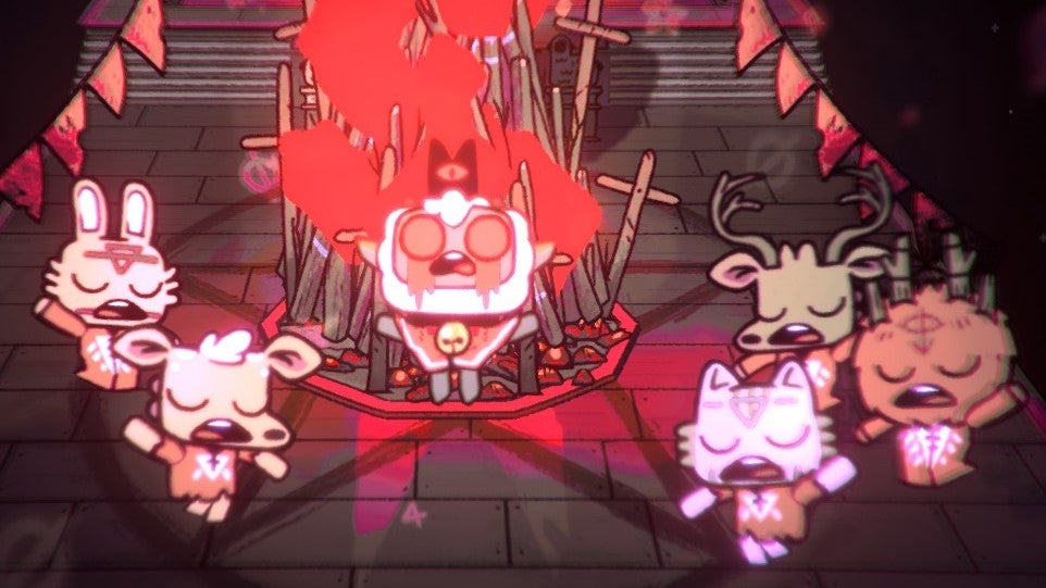 An adorable little lamb floats above the ground during a satanic ritual, surrounded by equally cute woodland creatures. Blood pours from its eyes.