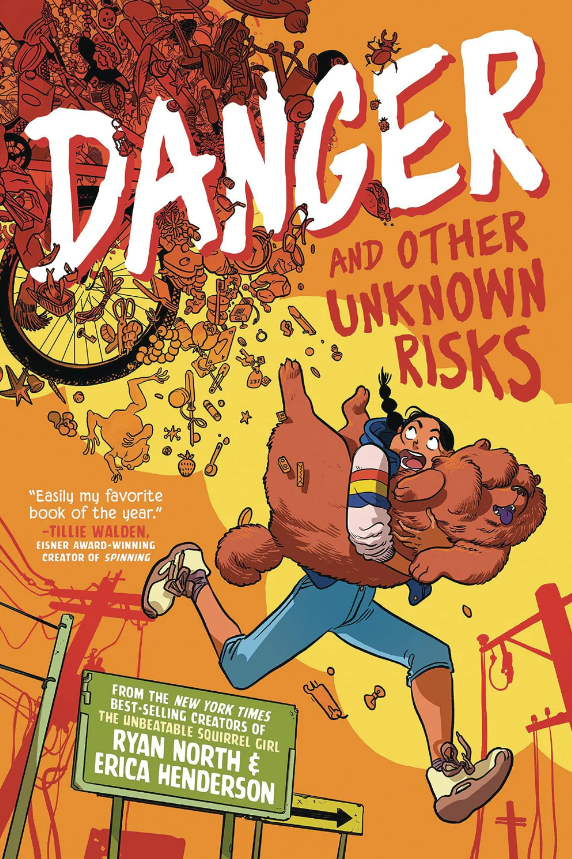 Cover of Danger and Other Unknown Risks featuring a girl running while carrying a very large dog